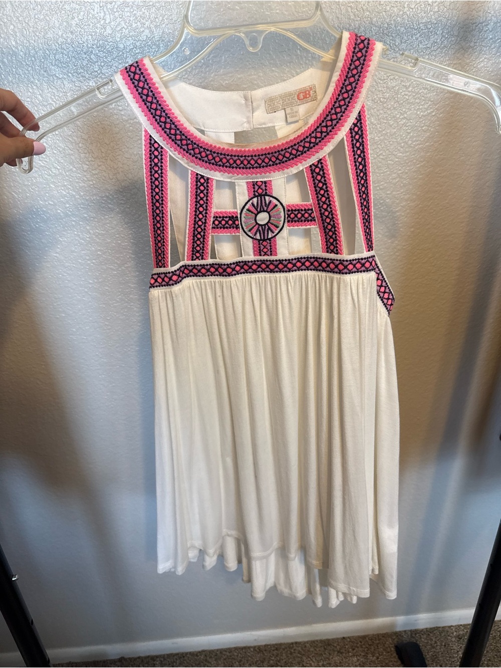 Gianni Bini Cream Top with Pink and Navy Embroidery